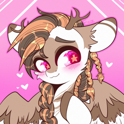 Size: 2000x2000 | Tagged: safe, artist:etoz, oc, oc only, deer, deer pony, original species, pegasus, pony, blushing, commission, cute, femboy, gradient background, happy, heart, high res, horns, looking at something, male, pegasus oc, smiling, stallion, starry eyes, wingding eyes, wings