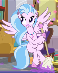 Size: 667x835 | Tagged: safe, screencap, silverstream, g4, the hearth's warming club, bipedal, bucket, cropped, cute, diastreamies, female, mop, smiling, solo, spread wings, wings