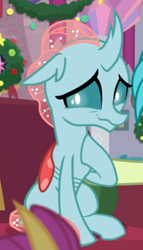 Size: 340x594 | Tagged: safe, screencap, ocellus, changeling, g4, the hearth's warming club, cropped, female, grin, nervous, nervous smile, sitting, smiling, solo, wavy mouth