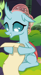 Size: 432x794 | Tagged: safe, screencap, ocellus, changeling, g4, the hearth's warming club, cropped, female, scroll, sitting, smiling, solo