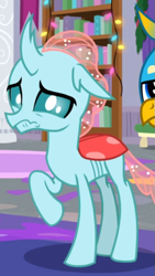 Size: 393x697 | Tagged: safe, screencap, gallus, ocellus, changeling, g4, the hearth's warming club, cropped, female, offscreen character, reaction image, sad, solo