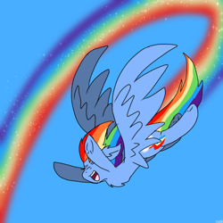 Size: 1000x1000 | Tagged: safe, artist:bunfoxx20studios, rainbow dash, pegasus, pony, g4, chest fluff, eyes closed, female, flying, open mouth, rainbow trail, solo, spread wings, wings