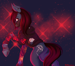 Size: 4000x3500 | Tagged: safe, artist:murshu_madzex, earth pony, pony, undead, zombie, zombie pony, abstract background, bring me the horizon, clothes, commission, face mask, hood, hoodie, looking at you, male, oliver sykes, paint, paint stains, ponified, raised hoof, scar, signature, solo, stallion, stitches, torn ear, underhoof, ych result