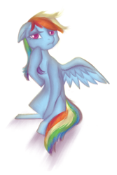 Size: 1000x1500 | Tagged: dead source, safe, artist:108fiona8fay, rainbow dash, pegasus, pony, g4, female, floppy ears, lidded eyes, pensive, simple background, solo, white background