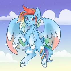 Size: 1500x1500 | Tagged: safe, artist:jaytalon98, rainbow dash, pegasus, pony, g4, alternate cutie mark, alternate universe, colored wings, female, flying, multicolored wings, smiling, smirk, solo, wings