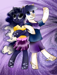 Size: 1200x1600 | Tagged: safe, artist:intfighter, oc, oc only, earth pony, semi-anthro, arm hooves, clothes, duo, earth pony oc, ethereal mane, galaxy mane, neckerchief, shorts, skirt, waving
