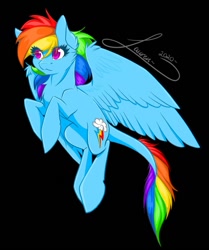 Size: 1024x1222 | Tagged: safe, artist:shadowdash44, rainbow dash, pegasus, pony, g4, backwards cutie mark, black background, female, flying, leonine tail, simple background, solo, spread wings, wings