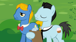 Size: 1280x720 | Tagged: safe, screencap, bruce mane, perfect pace, earth pony, pony, g4, mmmystery on the friendship express, clipboard, eyes closed, male, stallion