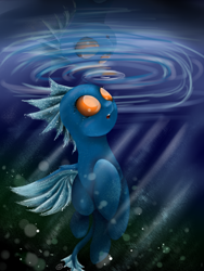 Size: 1200x1600 | Tagged: safe, artist:intfighter, oc, oc only, changedling, changeling, blue changeling, changedling oc, changeling oc, reflection, smiling, solo, underwater