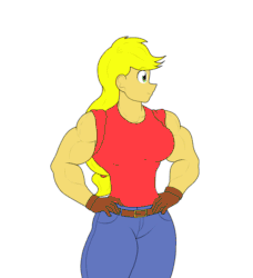 Size: 906x994 | Tagged: safe, artist:calm wind, artist:matchstickman, applejack, equestria girls, g4, abs, animated, applejacked, arm behind head, armpits, biceps, breasts, busty applejack, clothes, collaboration, female, flexing, gloves, jeans, looking at you, muscles, muscular female, pants, shirt, shirt lift, simple background, solo, white background