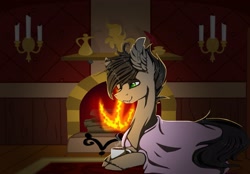 Size: 2560x1778 | Tagged: artist needed, safe, oc, oc only, oc:dante fly, hybrid, pony, candle, fangs, fire, fireplace, hairpin, half bat pony, inkwell, male, quill, solo