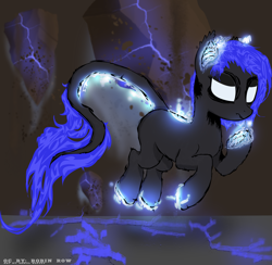 Size: 6297x6144 | Tagged: safe, artist:nacl69, oc, oc only, oc:nightwind, earth pony, pony, blue hair, cracks, earth pony oc, full body, glowing ears, glowing hooves, glowing tail, leonine tail, levitation, looking down, magic, solo, stone, strange, tail, telekinesis, white eyes