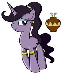 Size: 3900x4500 | Tagged: safe, artist:blazeburn386, oc, oc only, oc:lavendra, pony, unicorn, accessory, bracelet, cutie mark, ear piercing, earring, female, gold, hairband, horn, jewelry, looking at you, makeup, mare, one eye closed, piercing, pot, smiling, solo, standing, walking, wink
