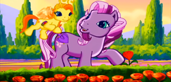 Size: 1246x599 | Tagged: safe, screencap, wysteria, zipzee, breezie, earth pony, pony, g3, the princess promenade, cute, diabreezies, flower, friendship and flowers, garden, shovel, this will end in sneezing
