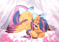 Size: 920x652 | Tagged: safe, alternate character, alternate version, artist:sparkling_light base, oc, oc only, oc:solar comet, pegasus, pony, bed, blushing, bow, disguise, disguised changedling, eyelashes, face down ass up, femboy, flank, flank up, looking at you, lying down, male, solo, spread wings, stallion, tail bow, wings