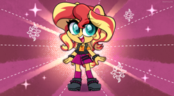 Size: 1540x855 | Tagged: safe, artist:techycutie, sunset shimmer, equestria girls, g4, g4.5, my little pony: pony life, bracelet, chibi, clothes, cute, doll, equestria girls minis, female, g4.5 to equestria girls, geode of empathy, happy, jewelry, magical geodes, miniskirt, ponied up, pony ears, shimmerbetes, skirt, solo, sparkles, spiked wristband, style emulation, toy, vest, wristband