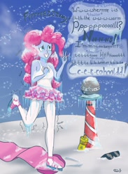Size: 1280x1748 | Tagged: safe, artist:segiem-nemsen, pinkie pie, equestria girls, g4, arctic, beach towel, blue skin, breath, chattering, chattering teeth, clothes, cold, condensation, female, freezing, freezing fetish, frozen, ice, icicle, looking up, north pole, outdoors, pantyhose, peace sign, sandals, shivering, skirt, sleeveless, smiling, snow, snowfall, socks, solo, sunscreen, talking, tank top, text, thigh highs, tights, tutu, uncomfortable, winter
