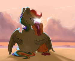 Size: 2485x2032 | Tagged: safe, artist:skitsroom, rainbow dash, scootaloo, pegasus, pony, g4, beach, cloud, duo, female, filly, high res, hug, mare, ocean, sand, scootalove, sitting, sky, sunset, water, winghug