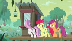 Size: 1920x1080 | Tagged: safe, screencap, apple bloom, scootaloo, sweetie belle, earth pony, pegasus, pony, unicorn, g4, growing up is hard to do, butt, cutie mark, cutie mark crusaders, older, plot, the cmc's cutie marks, trio