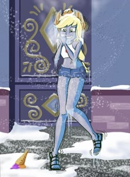Size: 1280x1741 | Tagged: safe, artist:segiem-nemsen, applejack, equestria girls, g4, street chic, spoiler:eqg series (season 2), belly button, blue skin, breath, chattering, chattering teeth, clothes, cold, condensation, denim, denim shorts, feet, female, food, freezing, freezing fetish, hat, ice, ice cream, icicle, jeans, outdoors, pants, sandals, shivering, short shirt, shorts, snow, snowfall, solo, winter