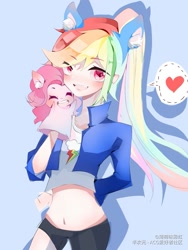 Size: 1125x1500 | Tagged: dead source, safe, alternate version, artist:薄荷味彩虹, pinkie pie, rainbow dash, human, g4, anime, belly button, blushing, cat ears, clothes, cute, duo, duo female, female, hand puppet, humanized, looking at you, midriff, ponytail, puppet, rainbow cat, short shirt, shorts