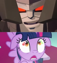 Size: 1896x2120 | Tagged: safe, twilight sparkle, alicorn, pony, robot, g4, season 9, the ending of the end, comparison, crossover, decepticon, floppy ears, megatron, shrunken pupils, terrified, this will not end well, transformers, transformers cyberverse, twilight sparkle (alicorn)