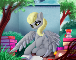 Size: 3800x3000 | Tagged: safe, artist:selena9966, idw, derpy hooves, pegasus, pony, g4, reflections, spoiler:comic, book, bright eyes (mirror universe), female, high res, i can't believe it's not magnaluna, solo, underp