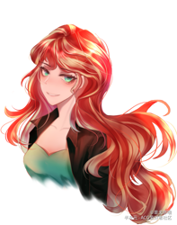 Size: 1475x1868 | Tagged: dead source, safe, artist:是戈廖哦, sunset shimmer, human, g4, bust, clothes, female, humanized, jacket, leather jacket, looking at you, portrait, simple background, smiling, smiling at you, solo, wavy hair, white background