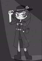 Size: 1408x2048 | Tagged: safe, artist:temtem296, rarity, equestria girls, g4, boots, clothes, detective rarity, female, grayscale, hat, monochrome, shoes, solo, sun hat