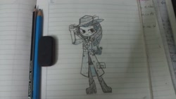 Size: 1440x810 | Tagged: safe, artist:temtem296, rarity, equestria girls, g4, boots, clothes, detective rarity, female, hat, irl, lined paper, pencil, photo, shoes, solo, sun hat, traditional art