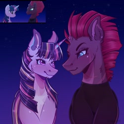 Size: 2048x2048 | Tagged: safe, artist:rubimlp6, tempest shadow, twilight sparkle, alicorn, pony, unicorn, g4, my little pony: the movie, alternate hairstyle, broken horn, clothes, cute, eye scar, female, high res, horn, lesbian, looking at each other, mare, markings, night, redesign, scar, scene interpretation, ship:tempestlight, shipping, shirt, sky, stars, tempestbetes, twilight sparkle (alicorn)