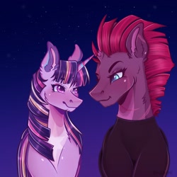 Size: 2048x2048 | Tagged: safe, alternate version, artist:rubimlp6, tempest shadow, twilight sparkle, alicorn, pony, unicorn, g4, my little pony: the movie, alternate hairstyle, broken horn, clothes, cute, eye scar, female, high res, horn, lesbian, looking at each other, mare, markings, night, redesign, scar, scene interpretation, ship:tempestlight, shipping, shirt, sky, stars, tempestbetes, twiabetes, twilight sparkle (alicorn)