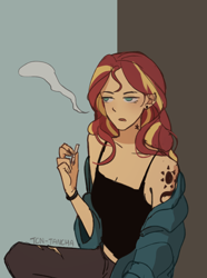 Size: 1402x1880 | Tagged: safe, artist:tcn1205, sunset shimmer, human, equestria girls, g4, cigarette, female, open mouth, sleeveless, smoking, solo, sunset shimmer is not amused, tattoo, unamused