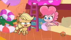 Size: 1908x1076 | Tagged: safe, screencap, applejack, pinkie pie, crab, earth pony, pony, g4.5, my little pony: pony life, pony surfin' safari, angry, animated, beach, beach towel, bunk bed, dragging, duo, female, freckles, paper, potion ocean, sound, surprised, talking, webm