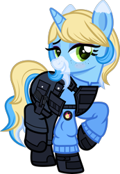 Size: 4000x5767 | Tagged: safe, artist:n0kkun, oc, oc only, oc:meow peow, pony, unicorn, armor, bedroom eyes, belt, blushing, body armor, boots, clothes, female, freckles, gloves, grin, hairband, holster, jacket, mare, markings, multicolored hair, pants, pouch, raised hoof, raised leg, shoes, simple background, smiling, solo, transparent background