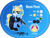 Size: 5000x3815 | Tagged: safe, artist:n0kkun, oc, oc only, oc:meow peow, pony, unicorn, absurd resolution, armor, bedroom eyes, belt, blue background, blushing, body armor, boots, clothes, female, freckles, glock, gloves, grin, gun, hairband, handgun, holster, jacket, mare, markings, multicolored hair, pants, pistol, pouch, raised hoof, raised leg, reference sheet, shoes, simple background, smiling, solo, submachinegun, ump45, weapon