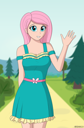 Size: 3274x5000 | Tagged: safe, artist:irisarco, kotobukiya, fluttershy, human, g4, clothes, dress, female, grass, humanized, kotobukiya fluttershy, looking at you, multiple variants, outdoors, path, smiling, solo, standing, tree, waving