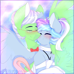 Size: 2449x2449 | Tagged: safe, artist:shinningblossom12, oc, oc only, oc:drawing, oc:shinning blossom, pegasus, pony, abstract background, blushing, bowtie, chest fluff, clothes, female, glasses, gloves, high res, male, mare, oc x oc, pegasus oc, shipping, smiling, spread wings, stallion, straight, wings