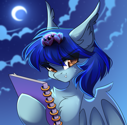 Size: 3333x3273 | Tagged: safe, artist:airiniblock, oc, oc only, oc:lunar dusk, bat pony, pony, spider, rcf community, cloud, commission open, crescent moon, fangs, high res, jumping spider, moon, notebook, solo