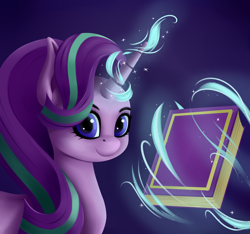 Size: 3200x3000 | Tagged: safe, artist:palibrik, starlight glimmer, pony, unicorn, g4, book, female, glowing horn, high res, horn, magic, mare, simple background, smiling, solo, telekinesis