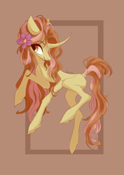Size: 2894x4093 | Tagged: safe, artist:shore2020, floating lotus, pony, unicorn, chest fluff, curved horn, female, flower, flower in hair, horn, mare, smiling, solo