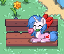 Size: 270x228 | Tagged: safe, oc, oc only, oc:rioshi sweet, alicorn, pony, pony town, bench, bow, female, flower, hair bow, mare, pixel art, solo