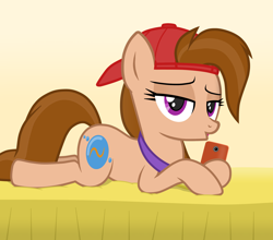 Size: 2452x2162 | Tagged: safe, artist:chomakony, oc, oc only, oc:kiranne spell, earth pony, pony, bed, bedroom eyes, cap, cellphone, earth pony oc, female, gradient background, hat, high res, jewelry, kissy face, lidded eyes, looking at you, lying down, mare, necklace, phone, show accurate, simple background, smartphone, solo