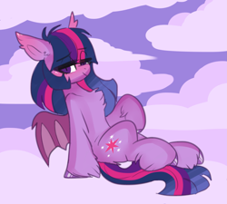 Size: 2619x2354 | Tagged: safe, artist:h0rsefeathers, twilight sparkle, alicorn, bat pony, pony, g4, bat ponified, bat wings, chest fluff, cloud, cute, ear fluff, female, high res, leg fluff, looking at you, on a cloud, race swap, sitting, sky, solo, twiabetes, twibat, twilight sparkle (alicorn), unshorn fetlocks, wings