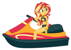 Size: 1024x717 | Tagged: safe, artist:emeraldblast63, sunset shimmer, human, equestria girls, equestria girls series, forgotten friendship, g4, belly button, clothes, female, jet ski, simple background, sleeveless, solo, sunset shimmer's beach shorts swimsuit, swimsuit, transparent background, vector