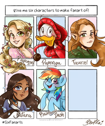 Size: 1080x1290 | Tagged: safe, artist:beakka, rainbow dash, bird, duck, elf, human, pegasus, pony, anthro, g4, anthro with ponies, avatar the last airbender, bust, clothes, crossover, dark skin, female, fethry duck, katara, lord of the rings, male, mare, open mouth, rapunzel, six fanarts, smiling, tauriel
