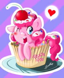 Size: 1707x2048 | Tagged: safe, artist:beakka, pinkie pie, earth pony, pony, g4, cherry, cupcake, female, food, heart, mare, micro, one eye closed, open mouth, pictogram, plate, signature, smiling, solo, wink