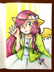 Size: 2448x3264 | Tagged: safe, artist:beakka, butterfly, human, clothes, dress, eared humanization, female, hairclip, high res, humanized, jewelry, necklace, signature, smiling, solo, traditional art, waving, winged humanization, wings