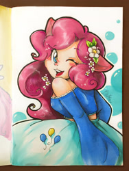 Size: 2448x3264 | Tagged: safe, artist:beakka, pinkie pie, human, g4, clothes, cutie mark, cutie mark on clothes, dress, eared humanization, female, flower, flower in hair, high res, humanized, one eye closed, open mouth, smiling, solo, traditional art, wink