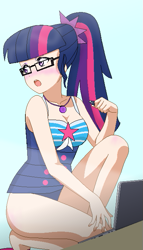 Size: 405x706 | Tagged: safe, artist:grapefruitface1, sci-twi, twilight sparkle, equestria girls, equestria girls specials, g4, my little pony equestria girls: better together, my little pony equestria girls: forgotten friendship, anime, base used, beach, blushing, breasts, cleavage, clothes, computer, element of magic, female, laptop computer, solo, swimsuit, usb